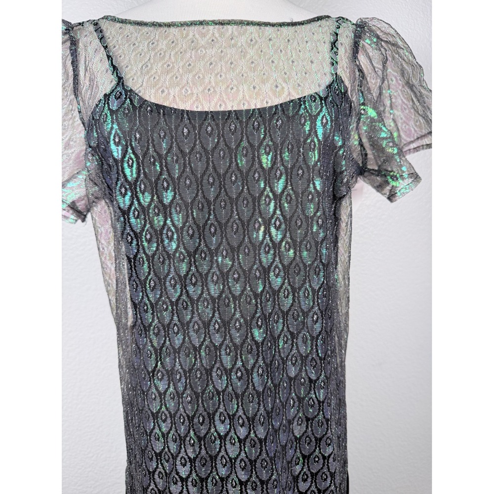 Vintage Inspired Iridescent Peacock Lace Drop Waist Flapper Midi Dress 4 - Picture 7 of 12
